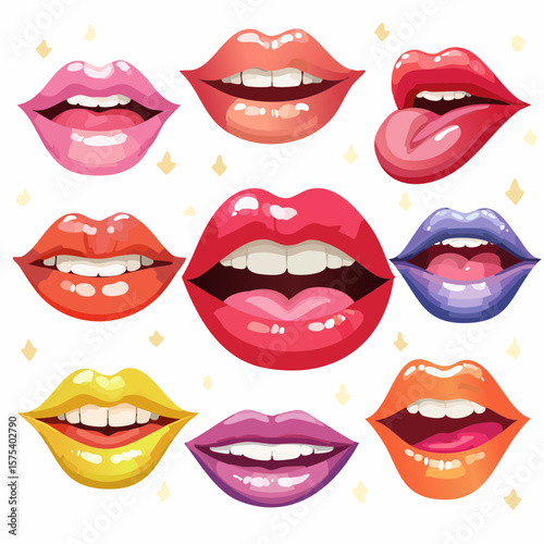 Colorful cartoon lips in various poses and expressions on a white background