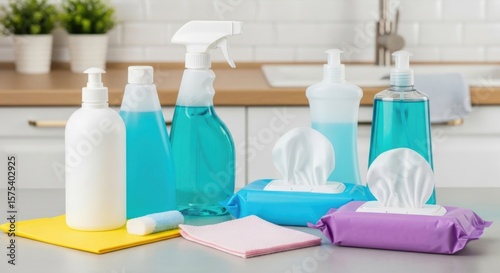 Cleanliness at Home: A pristine tableau of cleaning products, including sprays, dispensers, and wipes, epitomizing a fresh, immaculate home environment. 