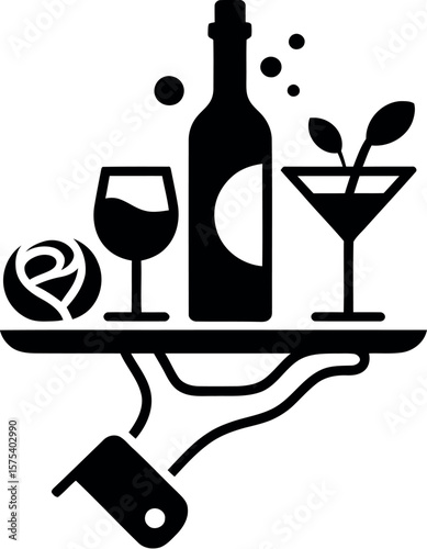 A waiter's hand holding a tray with a wine bottle, glass, cocktail, and a rose in a simple design