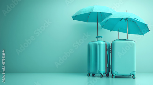 Travel Insurance Concept Featuring Two Turquoise Suitcases with a Matching Umbrella on a Minimalist Blue Background