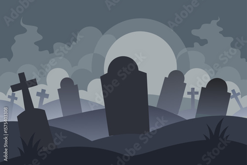 Abandoned Graveyard with Tilted Tombstones and Mist