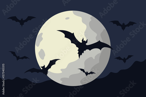 Bat Silhouettes Flying Across a Full Moon