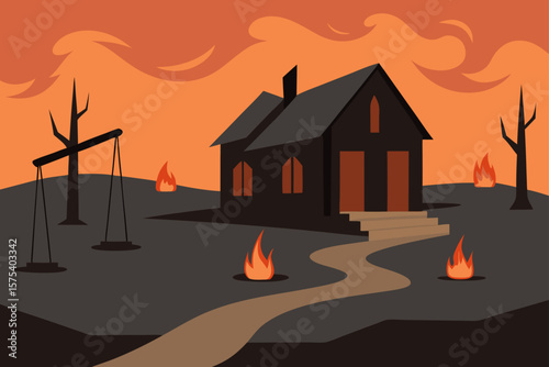 Burned Out Farmhouse with Scorched Ground and Emptiness