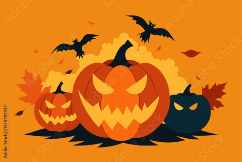 Carved Pumpkins with Flames Surrounded by Fog