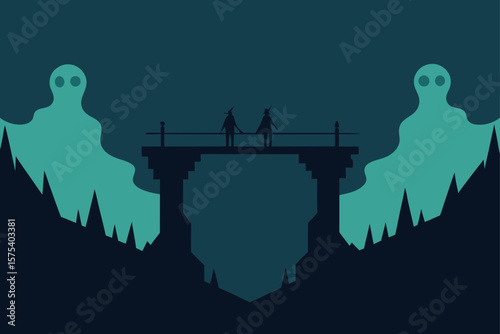Collapsed Bridge Over a Dark Ravine with Ghostly Mist