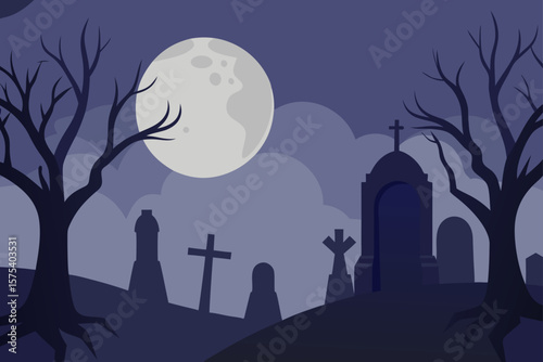 Moonlit Graveyard with Fog and Bare Trees