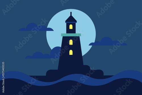 Haunted Lighthouse on Stormy Moonlit Sea