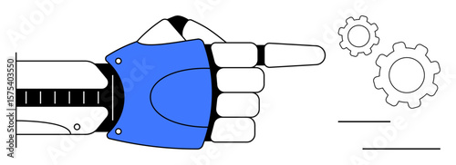 Robotic hand pointing at rotating gears suggesting innovation, automation, and engineering. Ideal for technology, AI, robotics, innovation, manufacturing, digital transformation simple landing page