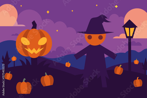 Pumpkin Patch at Dusk with Flickering Lanterns