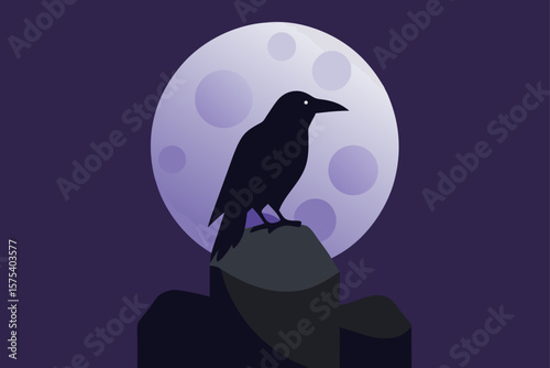 Raven on Rune Covered Stone with Full Moon