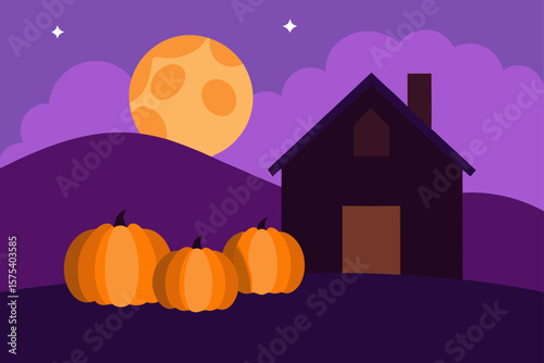 Pumpkins on Haystack Beside Old Barn at Dusk