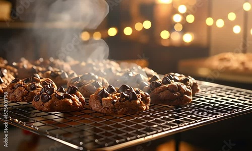 Warm, freshly baked chocolate chip cookies cooling on a wire rack delicacy