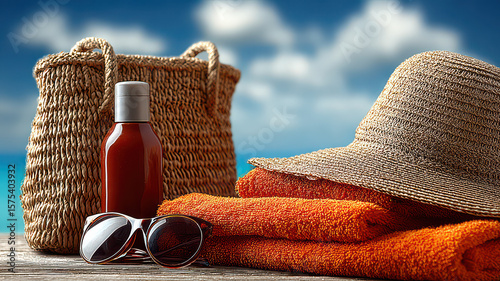 Close up photography of a hat, sunglasses and other beach accessories on a towel on the sand of a beautiful beach.