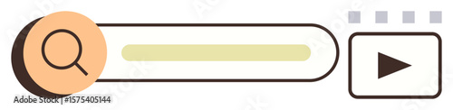 Search bar with magnifying glass, progress indicator, and play button symbolizing search, loading, and video access. Ideal for interface design, navigation, multimedia, web tools tutorials