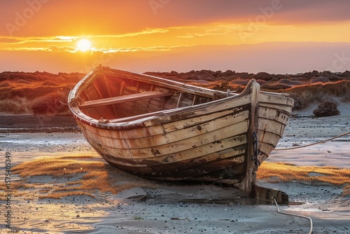 A weathered wooden boat rests on the sandy shore at sunset.