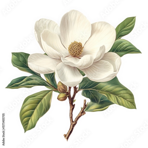 Beautiful white magnolia flower with green leaves isolated on transparent background
