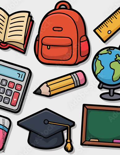 Cartoon Education Icon Set – Book, Backpack, Pencil, Globe, Calculator, and Graduation Cap

