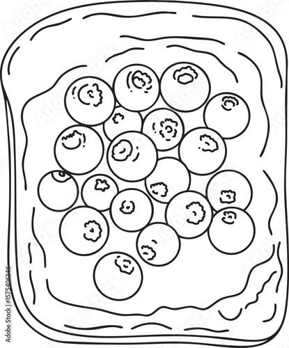 An outline illustration of a blueberry sandwich, clusters of blueberries on toast, ideal for breakfast icons or berry-themed designs