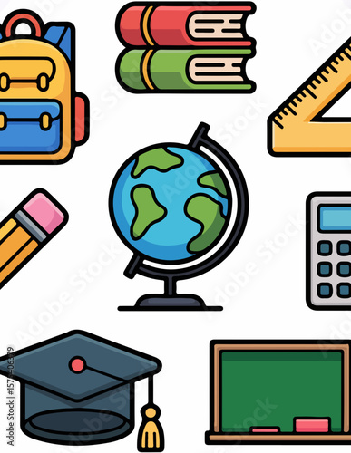 Cartoon Education Icon Set – Book, Backpack, Pencil, Globe, Calculator, and Graduation Cap

