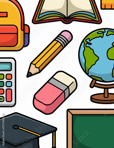 Cartoon Education Icon Set – Book, Backpack, Pencil, Globe, Calculator, and Graduation Cap

