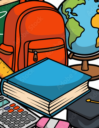 Cartoon Education Icon Set – Book, Backpack, Pencil, Globe, Calculator, and Graduation Cap

