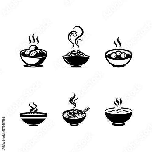 Set of Six Black and White Icons Depicting Hot Asian Cuisine Bowls Soup and Noodles. A collection of six black and white vector icons representing various hot Asian food dishes.