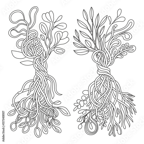 Two abstract stylized trees with intertwined roots and leafy branches in black outline