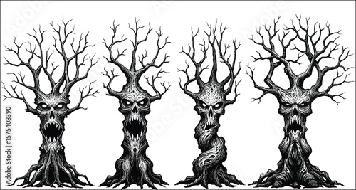 Vector art of four scary monster trees with faces in a forest