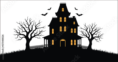 Vector art of a haunted house with bats and spooky trees