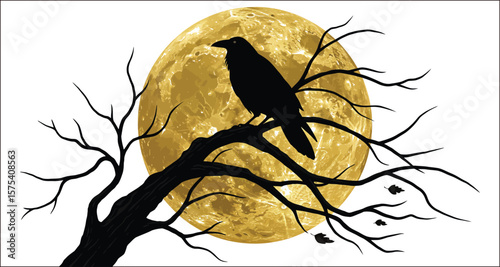 Vector art of a crow perched on a tree branch against the full moon