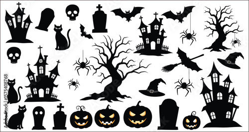 Vector art of assortment of halloween elements including haunted houses and pumpkins