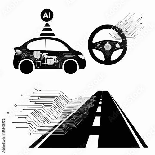 AI in Autonomous Vehicles. A sleek, futuristic autonomous car drives on a digital road, surrounded by data overlays, sensors, and intelligent navigation systems