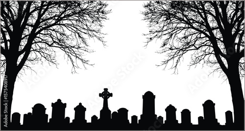 Vector art of a haunted graveyard with tombstones and silhouetted trees
