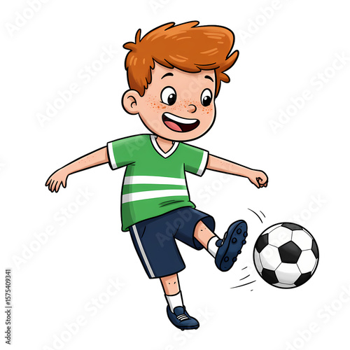 Cartoon Boy Kicking Soccer Ball isolated on transparent baackground