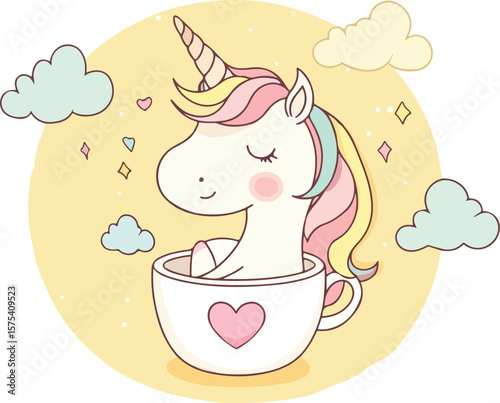 Cute unicorn sitting in a teacup with clouds and hearts illustration