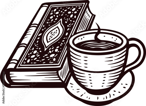 Vintage engraved drawing of a steaming cup of coffee on a saucer beside a closed book