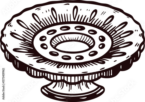 hand drawn vintage decorative pedestal bowl with ornate pattern and fluted edges, black and white engraved