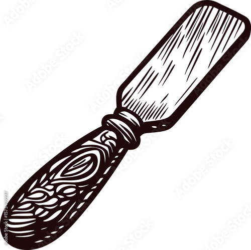 Engraved illustration of vintage metal spatula with ornate wooden handle isolated on white background