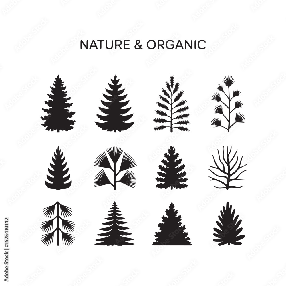 Obraz premium Collection of twelve diverse black pine tree silhouettes on a white background