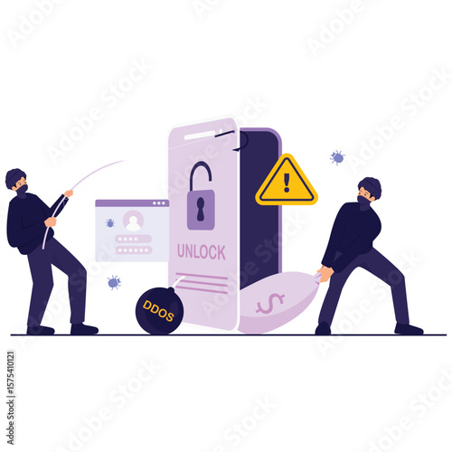 Cyber Crime Illustration. Vector illustration of Cybercriminals launch a phishing and DDOS attack to unlock and drain money from a mobile device. Isolated on background