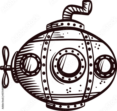 Hand drawn vintage submarine with portholes and propeller, isolated illustration in retro engraved