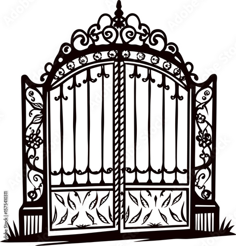 Ornate wrought iron garden gate with floral decorative details isolated on white background illustration