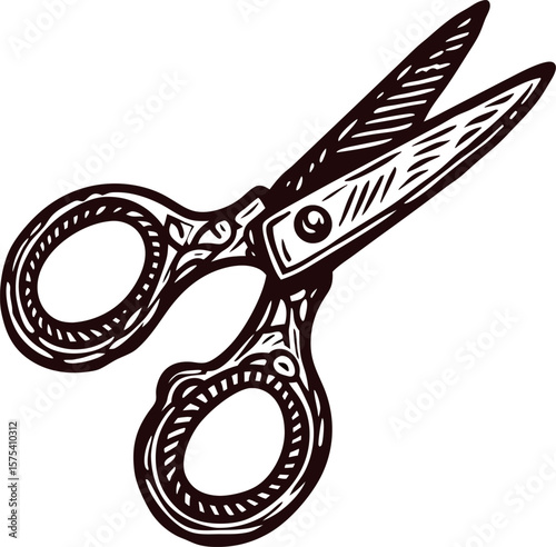 Vintage hand drawn illustration of open scissors in monochrome with textured details