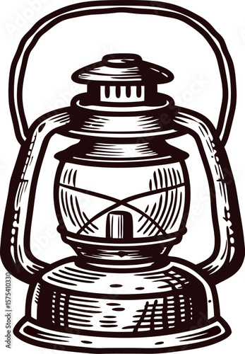 Vintage engraved drawing of an old fashioned kerosene lantern with handle isolated on white background