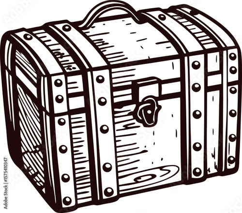 Wooden treasure chest with metal bands and handle, engraved vintage illustration isolated on white background