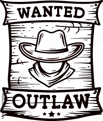 Western outlaw wanted poster with cowboy hat and bandana, vintage wood sign drawing, wild west illustration