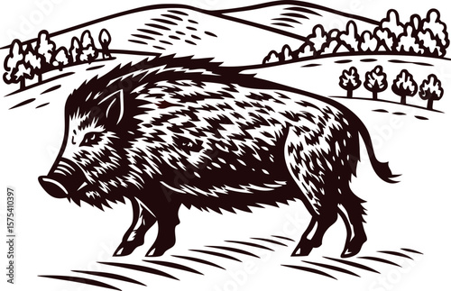 Wild boar walking in rural landscape with hills and trees in vintage hand drawn woodcut illustration
