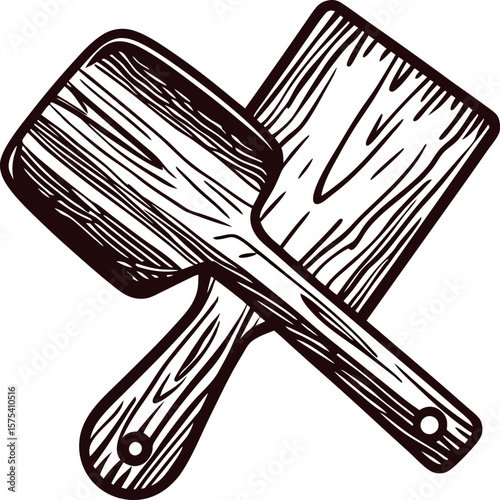 Hand drawn wooden spatula and cleaver illustration in vintage engraved on white background