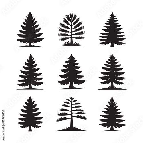 Collection of nine distinct black pine tree silhouettes on a white background