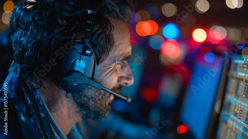Focused emergency response operator utilizing AI system technology and communication headset, surrounded by vibrant lights during night operations
